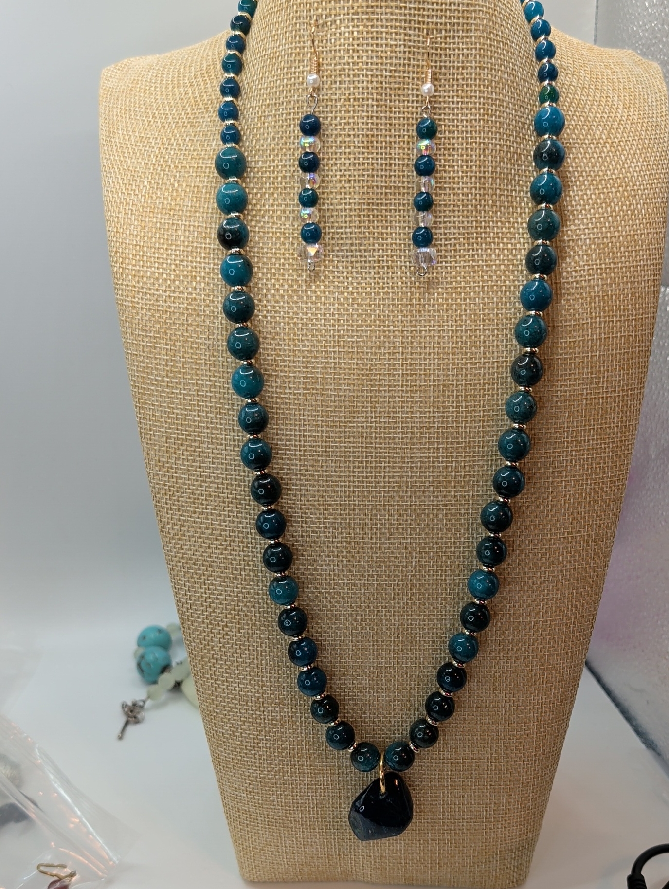 Teal Beaded Necklace And Dangle Earrings Set - Teal Jewelry